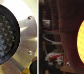 A silicon carbide disc machined with a pyramid pattern (left) is heated to well over 800° C (right) as part of electron cyclotron emission calibration testing at the University of Texas at Austin.