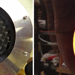 A silicon carbide disc machined with a pyramid pattern (left) is heated to well over 800° C (right) as part of electron cyclotron emission calibration testing at the University of Texas at Austin.