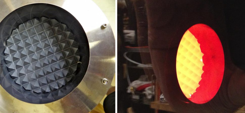 A silicon carbide disc machined with a pyramid pattern (left) is heated to well over 800° C (right) as part of electron cyclotron emission calibration testing at the University of Texas at Austin.