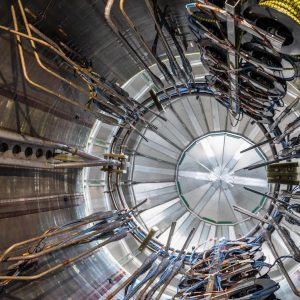 The interior of a central solenoid module shows the extensive network of helium piping needed to keep the superconducting magnet at 4 degrees Kelvin. US ITER is managing the fabrication of magnet modules at General Atomics in Poway, CA. Photo: GA