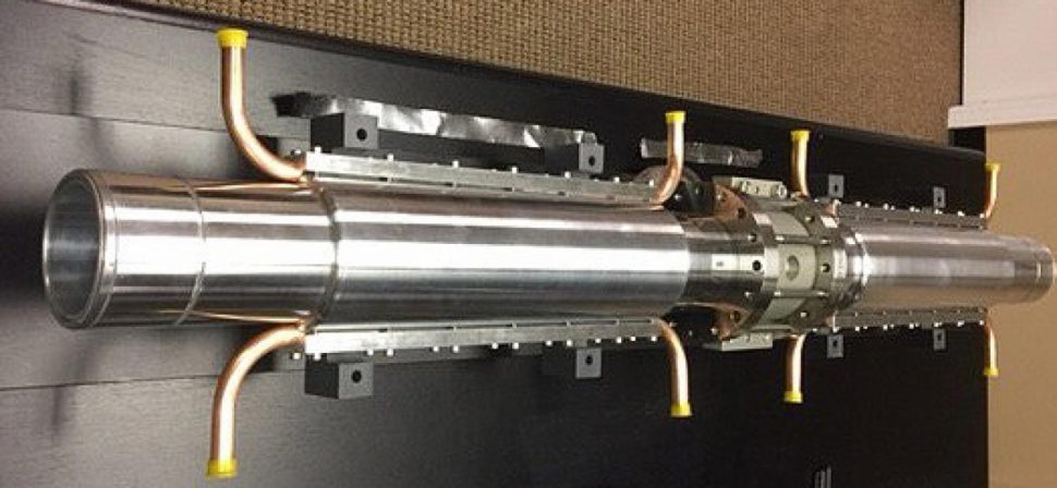 The electron cyclotron transmission lines feature multiple lines of aluminum waveguides (two small-scale prototypes are pictured).