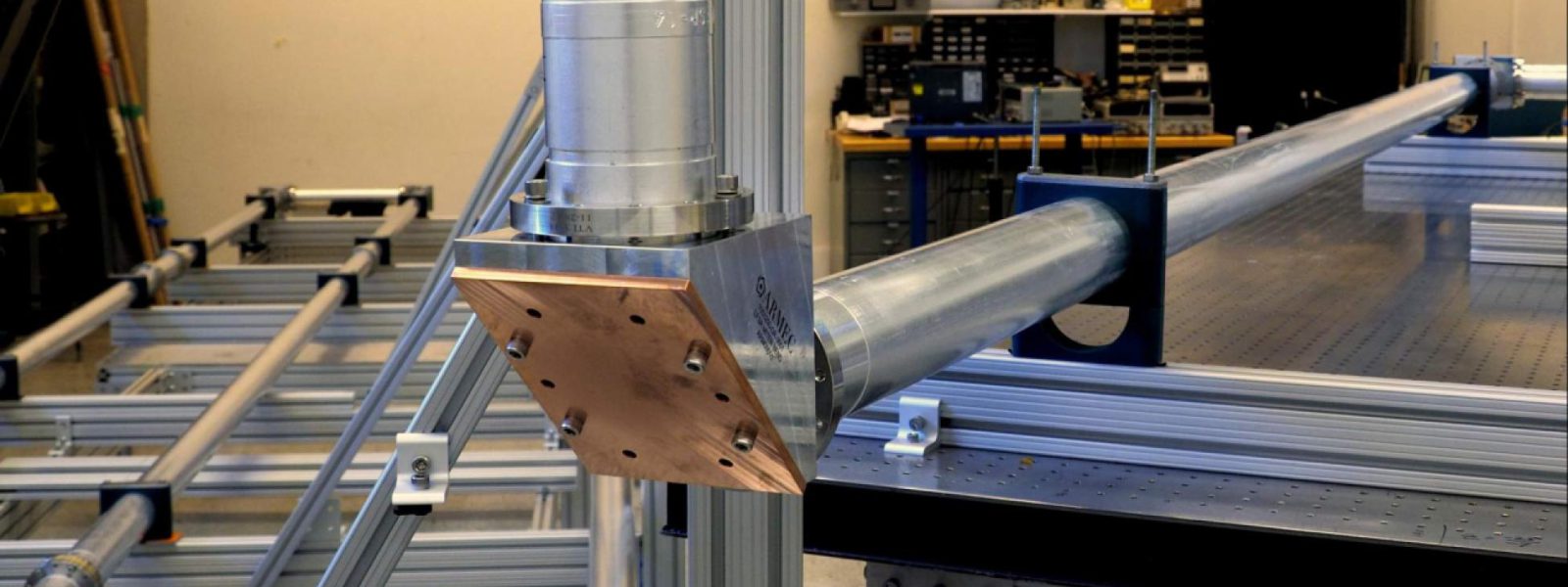 A test stand for the low-field-side reflectometer at UCLA mimics an ITER-like waveguide route; the copper material is part of a 30 degree miter bend. ORNL designed and fabricated the waveguide. Photo: UCLA