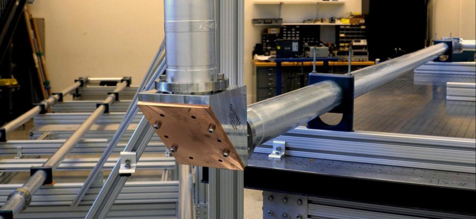 A test stand for the low-field-side reflectometer at UCLA mimics an ITER-like waveguide route; the copper material is part of a 30 degree miter bend. ORNL designed and fabricated the waveguide. Photo: UCLA