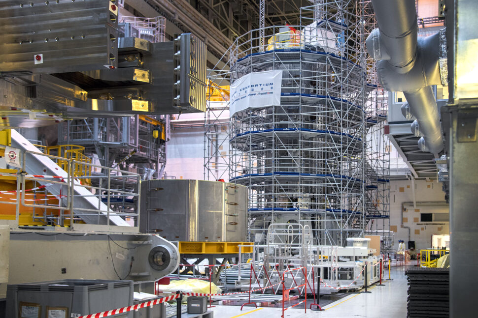 The fifth module, shown at the left of the central solenoid stack, arrived at the ITER site earlier this year, and the sixth module has just arrived in France from the United States. Photo: ITER Organization