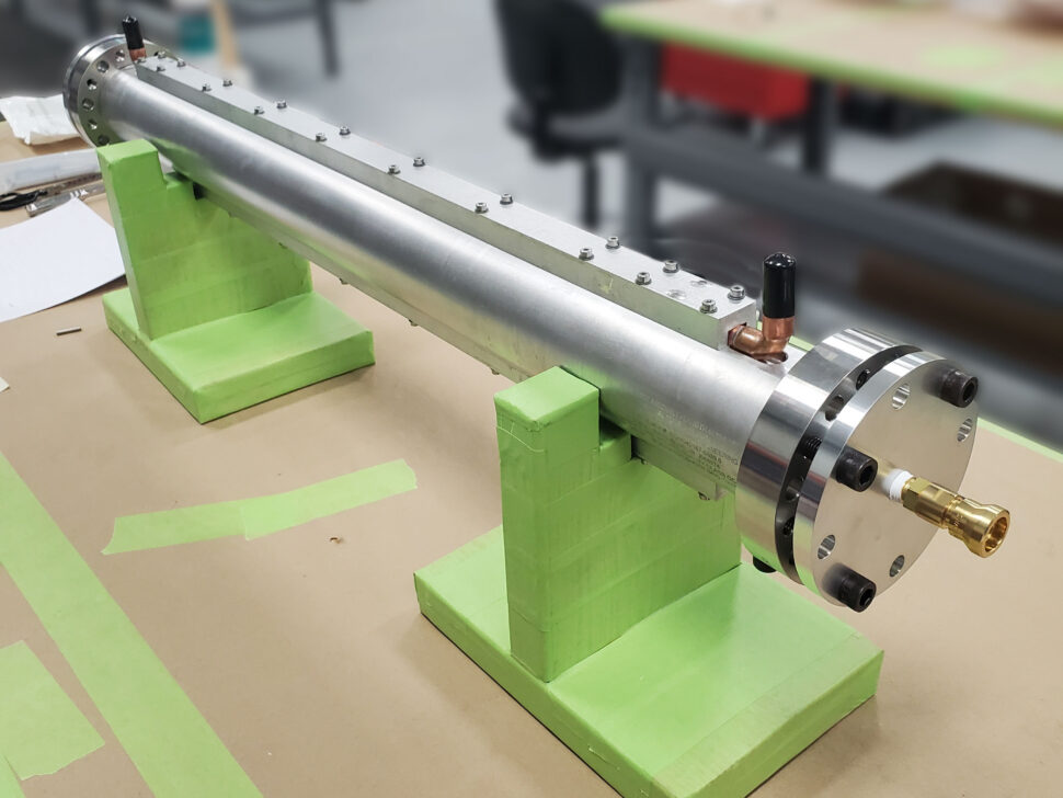 Photo of a waveguide for the electron cyclotron heating transmission lines contributed by US ITER to the ITER fusion project.