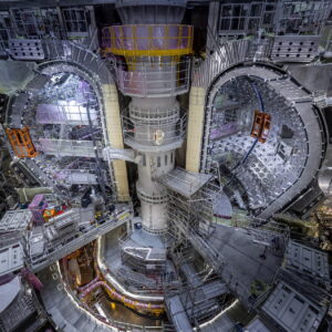 Inside the tokamak pit of ITER where the fifth vacuum vessel sector has been installed.