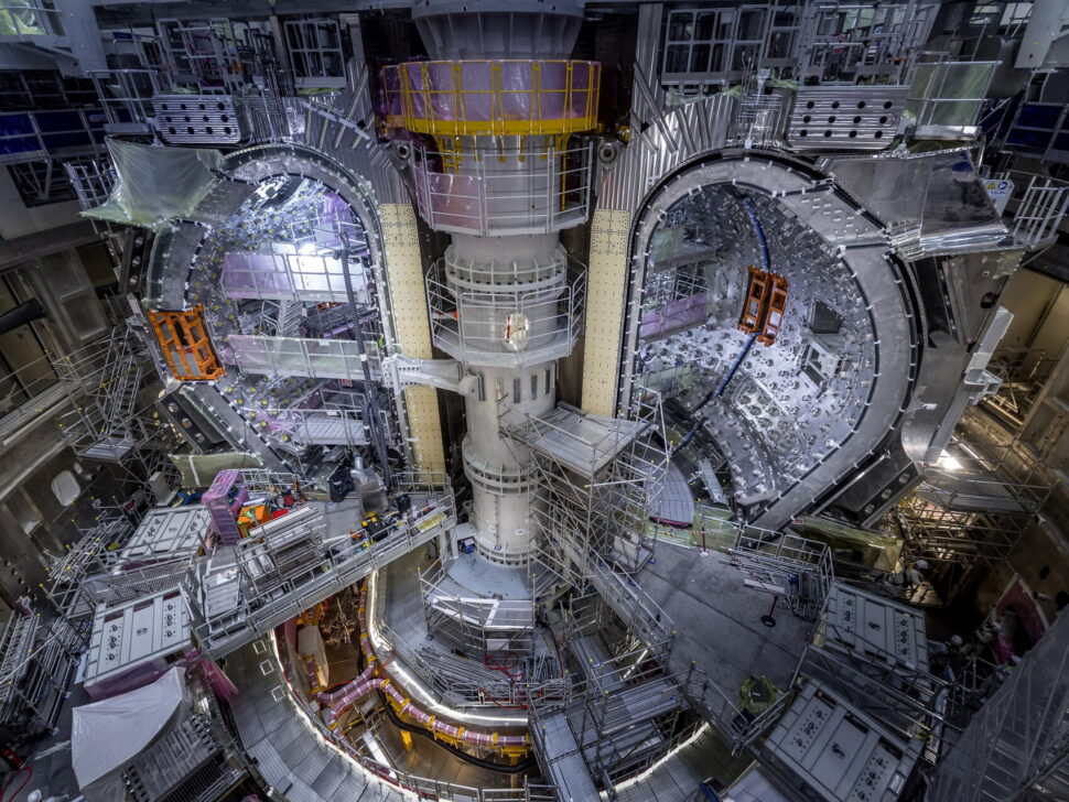 Inside the tokamak pit of ITER where the fifth vacuum vessel sector has been installed.
